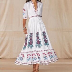 Oliphant White Maxi Dress with Floral Embroidery